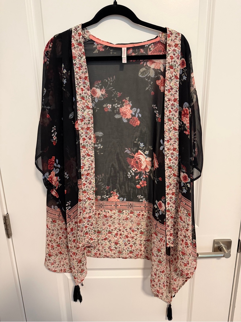 Xhilaration Black Sheer Floral Kimono with Rose Accents